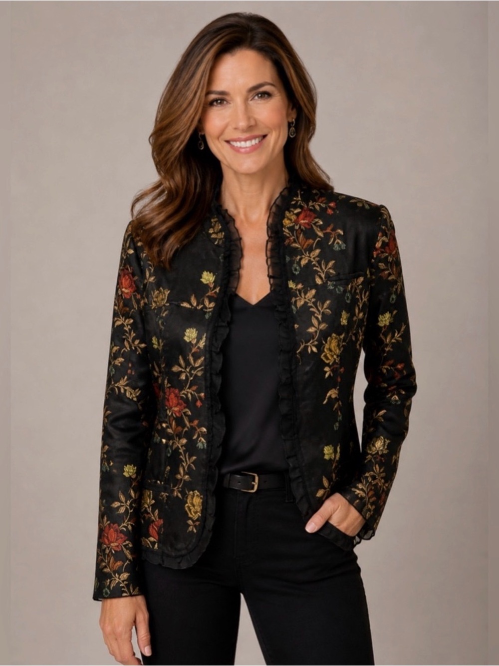 CHICOS Traveler Garden Jacquard Tousle Blazer Open Jacket Ruffle Trim 0 - Small